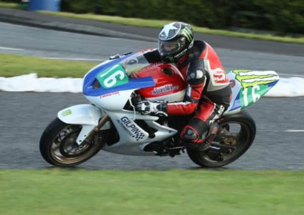 Ballymena man Mark Shields at Ballysally roundabout during Thursday night's Supertwins race. Picture: Roy Adams.
