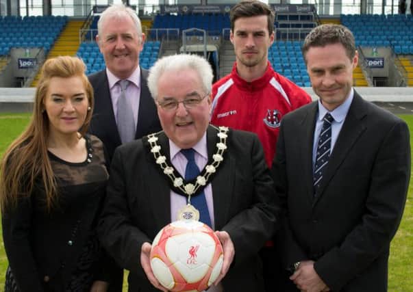 Anne Donaghy, Chief Executive, Ballymena Borough Council, Pat Costello, Tournament Director, P.J. McAvoy, Mayor of Ballymena Borough Council, Declan Caddell, Crusaders and Mr Paul Frew MLA.