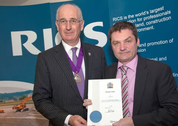 Copyright Kevin Cooper Photoline: Alan Collett FRICS, RICS President Presentation of Diplomas to APC graduate to Michael Foster. RICS Northern Ireland Diploma Ceremony on Friday 17 May 2013 at
The Academy, in the University of Ulster, York Street, Belfast.