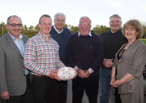 Ronnie Hassard, who compered the Ballymena Academy Past Pupils Association 'Lions' dinner, is pictured with Ulster and Ireland rugby team member Luke Marshall, Liz Weir (President Past Pupils Association) and Ballymena Lions Willie John McBride, Syd Millar and Stevie Smith. INBT22-248AC