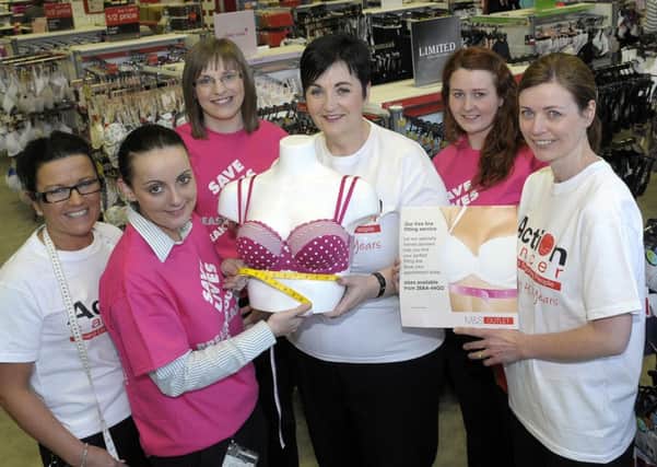 M&S Outlet are raising funds for Action Cancer Breakthrough by promoting a bra fit service in store, staff taking part are  Section Co-Ordinator Suzie Foulkes, Section Manager Caroline O'Rourke, Lisa Dawson, Bra Fitter Pamela McBurney, Bra Fitter Katie Poots and Charity Co-Ordinator Kay Dixon © Edward Byrne Photography INBL22-204EB