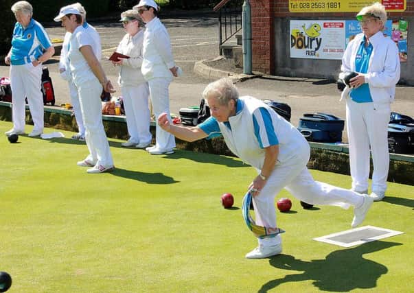 Jeanie McCready bounces her bowl for Ballymena Bowling Club Ladies team asa she hopes to score against Magherfelt. INBT 23-806H