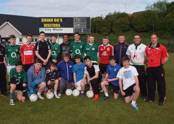 Young people from Strathfoyle, Tullyally, Nelson Drive and Cornshell Fields and coaches who took part in a gaelic football training session at Steelstown as part of the St. Columb's Park House Sport for Change UK Programme, which promotes good relations through sport. Other sports in the programme included rugby, cricket and football. INLS2313-248KM