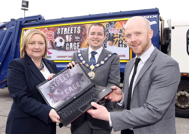 Councillor Cathal McLaughlin the Mayor of Limavady this week launched the 'Streets of Cage', website, Mayor Mclaughlin was joined by Ryan Tracey Policing Community Safety Partnership (PSCP) officer and Councillor Brenda Chivers PSCP chairperson at the launch. INLV2213-266KDR