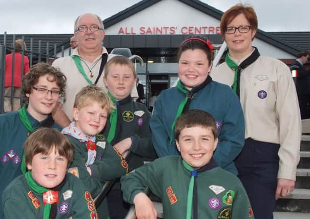 Some of the Cubs and Scouts from the All Saints Clooney pack who enjoyed the official opening of the new All Saints Centre on Sunday. Included are Tom Hurrell and Carol Mooney, leaders. INLS2313-170KM