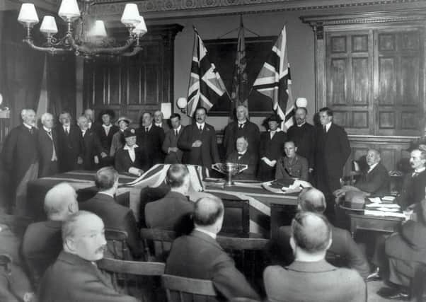 The presentation of the Loving Cup to Lieut. Nelson Russell at the Town Hall, Castle Street, 15 September 1916. Irish Linen Centre & Lisburn Museum collection