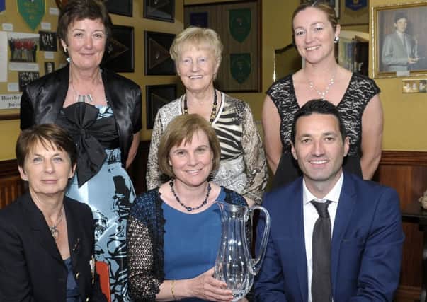 Lady Captain Robena McCandless and Sponsor Jason Greenaway (The Golf Shop) presented the prizes in the Centenary Lady's Perpetual Trophy to winner Sheelagh English and Section Winners  Ada Lavery, Hilda Caughey and Diana Whan  © Edward Byrne Photography INBL24-249EB