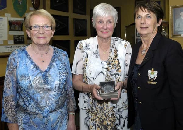 Lady Captain Robena McCandless and Lady President Marianne Nelson pictured at Banbridge Golf Club Centenary Dinner with Lady's GolfUnion President  Brigid McCaw  © Edward Byrne Photography INBL24-250EB