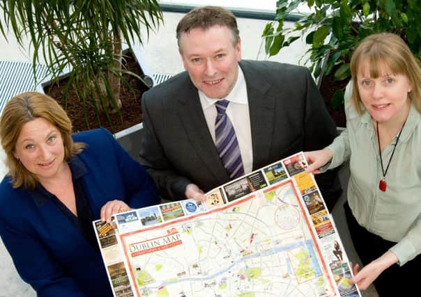 Ballymena Business The Pretty Useful Map Company has successfully launched the first of four themed map guides aimed at teh lucrative Dublin visitor market.  The company's success follows the recruitment of a dedicated Sales and Marketing Manager supported by Invest Northern Ireland.  Pictured (L-R) are business owners Hilary Richmond and Heidi McAplin with Invest NI's North Eastern Regional Manager, Gren Armstrong (centre).