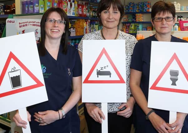 Ballykeel Pharmacy staff members Arlene Speers, Rosemary Wallace and Heather Larkin at last week's launch of Diabetes Week.  INBT 24-101JC