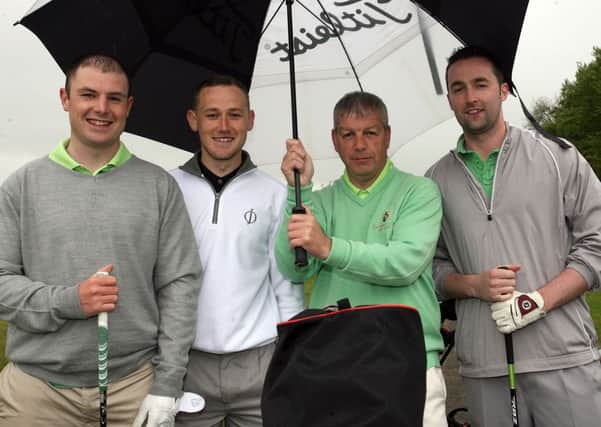 Chris Nicholl, Conor Nicholl, Campbell McNally and Peter O'Loughlin taking part in the Costcutters Stableford at Galgorm Castle Golf Club.