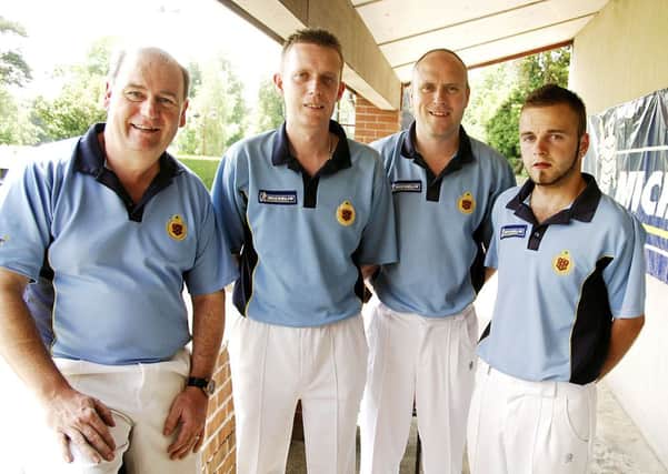 Ballymena bowlers Andy Kyle, Steven Sheilds and Nigel Robinson, who have been selected to play for Ireland, pictured with Irish team manager Jim Baker (left). INBT 24-849H