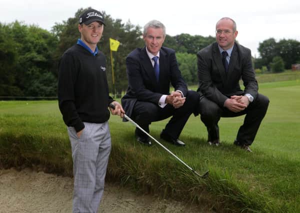 Ulster Bank's Neil Cooke (right) and Terry Robb (centre) help NI Open Challenge tournament ambassador Michael Hoey clock up some practice ahead of upcoming European Tour events, the international Final Qualifier for the Open at Sunningdale and the Irish Open at Carton House.