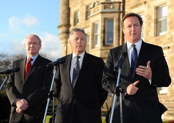PRESS RELEASE NO FEE FOR REPRODUCTION

20/11/12: First Minister Peter Robinson and deputy First Minister Martin McGuinness meet with Prime Minister David Cameron at Stormont Castle, Belfast, Northern Ireland on the day that the Prime Minister confirmed that the G8 summit is to be held in County Fermanagh in 2013. Picture: Michael Cooper