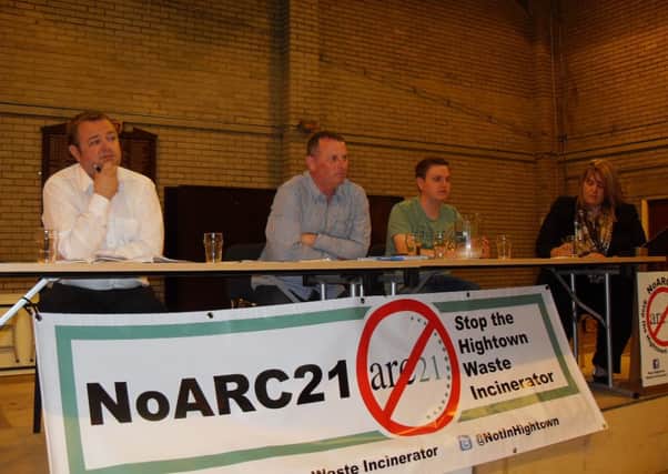 Committee members, Robert Foster, chairman Colin Buick, Craig Goodall and Helen Callaghan launch the campaign against the incinerator proposal in the Hightown Quarry. INNT 26-600con