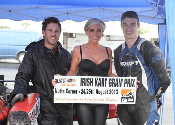 Gilfords Matt McGaffin (left), Scarvas Brian Jones and Amy Long helped launch this year's Irish Kart GP at Nutts Corner Circuit.