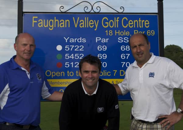 Terry Dornan (left), Faughan Valley Captain; Dan Hacker (centre) and John Burton (right) at Faughan Valley Golf Club.