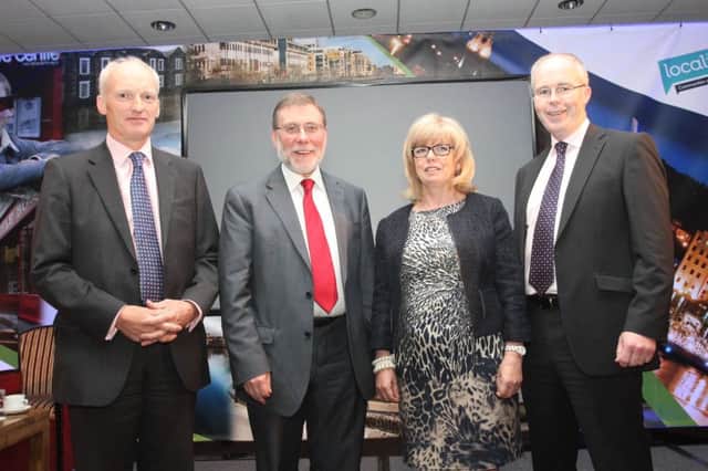 Social Development Minister Nelson McCausland has addressed the DTNI conference in Londonderry. Pictured with the Minister:(L-R) Nigel Kinnaird chair of DTNI; Heather Quigley, vice-chair DTNI; and  Peter Kelly, DTNI Board member.