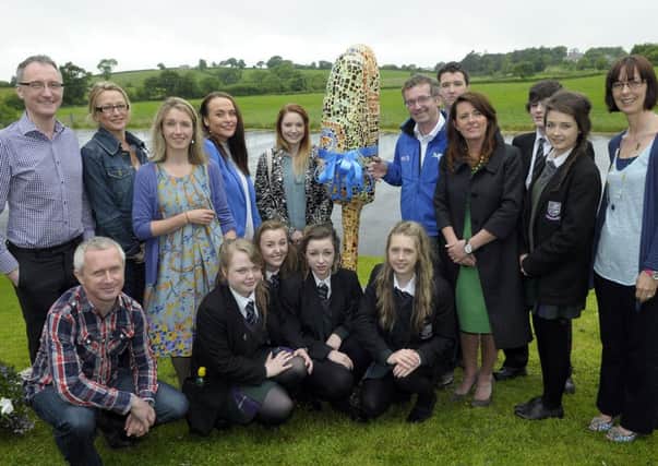 Dawson Stelfox MBE, who in 1993 became the first person from Ireland to reach the summit of Mount Everest, unveiled "The Bean" at New-Bridge Integrated College, included with the pupils are Principal Anne Anderson, Heather McFarlane SELB AAO for Art & Design with Multi Media, Head of Art Eimear McKeown, Jason Diamond FE McWilliam Gallery, Glass Sculptress Sarah McEvoy, Elaine McEnarney NI Museums Council, Art Teacher Laura Guiney and Art Technician Joe Mullan © Edward Byrne Photography INBL27-227EB