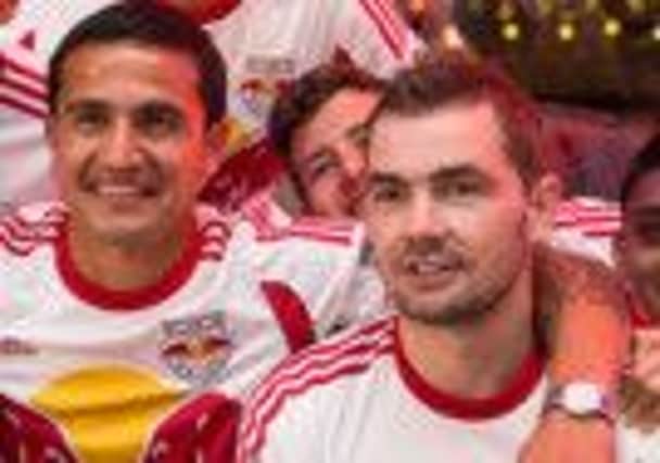 Jonny Steele, with some of his New York Red Bulls team-mate, Tim Cahill. Photo: New York Red Bulls