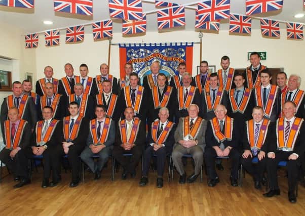 Members of Barron L.O.L. 627 pictured at the recent unfurling and dedication of their new banner in Barron Orange Hall, Donemana. INLS2713-204KM