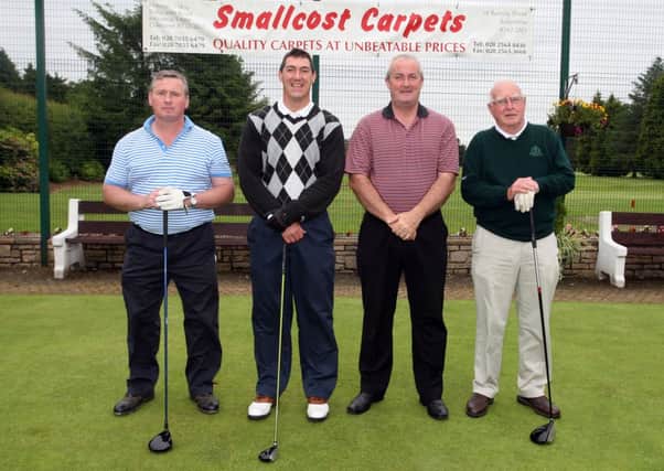David Small (second right) of Smallcost Carpets, is pictured with James McBride, Dylan Cole and Jack Lynn, taking part in the Smallcost Carpets sponsored competition at Ballymena Golf Club. INBT27-243AC