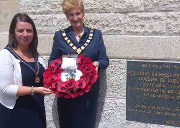 Dromore Ulster Unionist Councillor and Banbridge District Council Chairman Olive Mercer (right) with Dromore DUP Councillor and council Vice-Chairman Hazel Gamble laying a wreath at the Ulster Memorial Tower during a visit to the Somme.