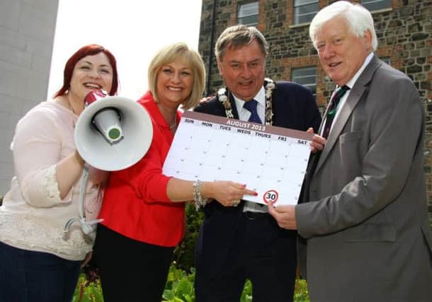 Mayor Fraser Agnew is joined by Vicky Moore, The Dunanney Centre, Rathcoole; Melanie Humphrey, Mallusk Enterprise Park and Tom Gray, Ballyclare Community Concerns, to launch the councils pilot Business Incubation Programme. INNT 28-505CON