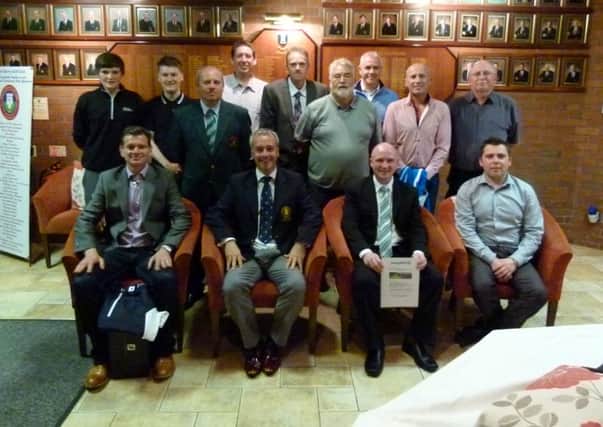 Prize winners from left to right at the back are Jordan Dunn, Luke Hasson, Danny Carlin, James Harrigan, Michael Feeney, Noel Kehoe, Stuart Gauld, Tommy McBride and Martin Doherty. Front row: Vincent Devenney, The Captain, John Crumlish and Sean Quigg.