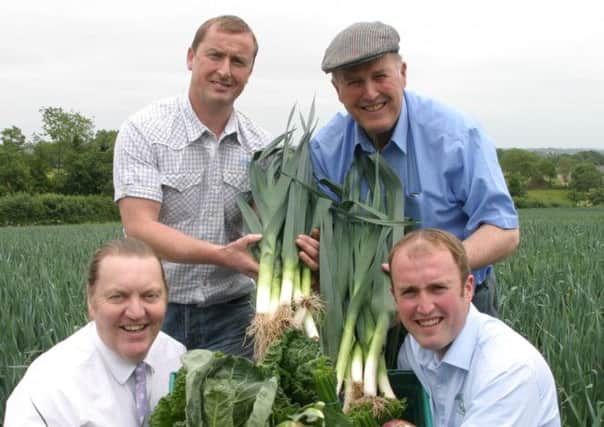 Pictured with grower Paddy Finn are Cliff Kells, Commercial Manager for Tesco NI and William and Thomas Gilpin of Gilfresh and armfuls of the freshly harvested tasty local veg.
