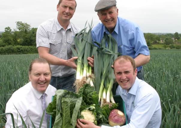 Pictured with grower Paddy Finn are Cliff Kells, commercial manager for Tesco NI and William and Thomas Gilpin of Gilfresh and armfuls of the freshly harvested tasty local veg.