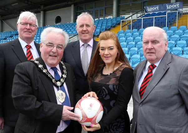 Pictured at the launch of the Crusaders FC tournament were then Mayor of Ballymena Alderman PJ McAvoy and Ballymena Borough Council Chief Executive Anne Donaghy with Tournament Director Pat Costello (centre), Crusaders FC Company Secretary Joe Moore (left) and General Manager Norman Coleman (right). INBT 23-171CS