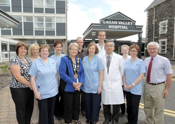 The Right Worshipful the Mayor, Councillor Margaret Tolerton pictured with Hilda Francey, Diabetes Specialist Nurse; Dr Simon Au and the Diabetes Team at Lagan Valley Hospital, Lisburn.