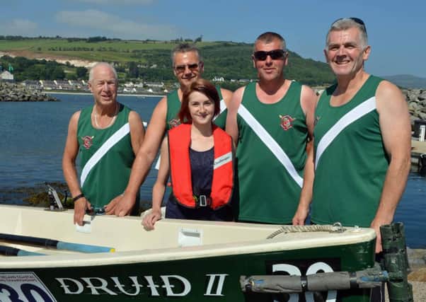 The Glenarm Veterans rowing team of Charlie Maybin,Eamon Davey,Gerard Kelly and Alan Molloy is pictured with cox Rachael Wilson at the start of the 6 Km challenge race at the Dalriada Festival. INLT 30-001-PSB