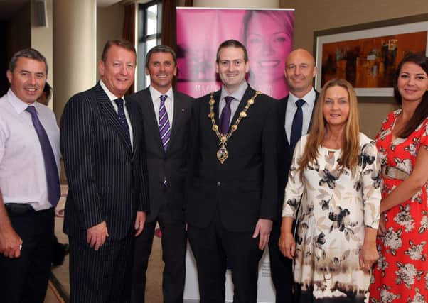 The Mayor of Derry Councillor Martin Reilly, who officially opened the Fleadh Cheoil na hÉireann 2013 business information session in the City Hotel, pictured with guest speakers (from left),  Colm McCabe, Farnham Arms,  Jim Roddy, City Centre management, Tony Callaghan, PSNI, Barney McCann, Diageo,  Eibhlín Ní Dhochartaigh. and Danielle McNally, DCC.