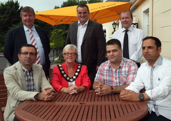 Mayor of Ballymena, Cllr. Audrey Wales, is pictured with Dr. Salar, Shukri Hamo Mustafa and Nebez Sedeek, from Kurdistan, who are part of a 14 man Invest NI delegation who are interested in CIGA products. Included are Martin Kindle (CIGA), Neil Armstrong (CIGA) and Aiden Donnolly (Development and Leisure Services). INBT31-200AC