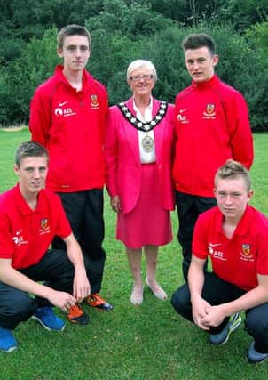 County Antrim Junior local lads Josh Corry, Chris Simpson, Eamon Fyfe and Mark McKee photographed with Ballymena Mayoress Audrey Wales. INBT 31-812H