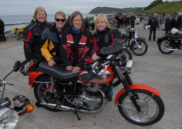 Gail Upton, Vivien Douglas, Val Madden and Liz Weaver ready to set off for the Vintage Motorcycle Club N.I.section run along the Coast Road. INLT 27-339-PR