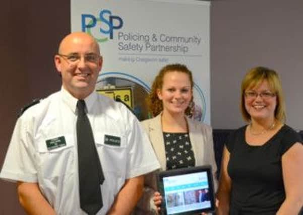 Chief Inspector Anthony McNally, Councillor Gemma McKenna, chair of the Policing and Community Safety Partnership (PCSP) and Sarah Wilson, PCSP manager