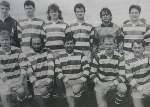 Draperstown Celtic FC who were runners up in the Mid-Ulster Mail Cup, losing 1-0 to Coagh United in a tight encounter at Hagan Park. Back row, from left, Eamon Burns, Barney O'Kane, Chris McGovern, Don Kelly, Peter  O'Neill, Packie Farrell, Jim Bradley, Martin O'Kane. Front row, left, Lawrence O'Kane, Seamus O'Kane, Joe Convery, Benny McPeake, John McKee, F. O'Kane. INMU31 501con
