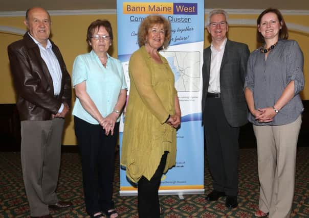 Local storyteller Liz Weir (centre) who was guest speaker at the Bann Maine West 'Lunch & Learn' event in Leighinmohr House Hotel is seen here with, L-R, Billy McCartney (Tullygarley Residents Association), Briege Graham (Cloney Rural Development Association), Tom Simpson (Cullybackey Improvement Association) and Joanne Brown-Kerr of Bann Maine West. INBT 32-108JC