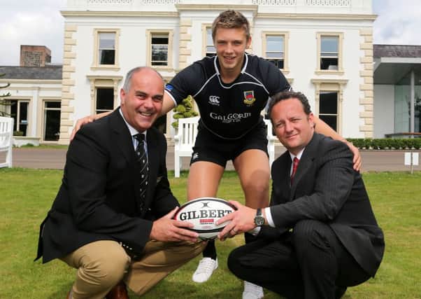 Ballymena RFC Business & Development Manager Derek Montgomery and 1st XV player Matthew Rae pictured with Galgorm Resort & Spa Operations Manager Paul Smyth at the launch of the sponsorship deal between Galgorm Resort & Spa and Ballymena RFC.