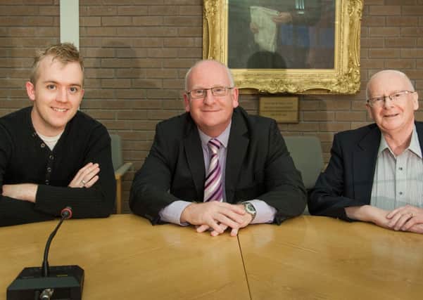 The Statutory Transition Committee is made up of 15 councillors and has as its vice-chairs Ballymena Cllr Tommy Nicholl and Cllr Mark McKinty (Larne Borough Council) pictured with chairman, Ald. Billy Ashe.