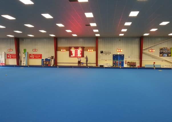 A view of the new carpet and scoreboard at Belfast Indoor Bowls Club.