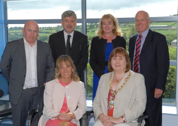 Martina Anderson MEP pictured at Willowbank with Larne Mayor Maureen Morrow, Councillor James McKeown, Ledcom Manager David Gillespie, Larne Borough Council Chief Executive Geraldine McGahey and Ledcom Chairman Henry Fletcher. INLT 33-378-PR