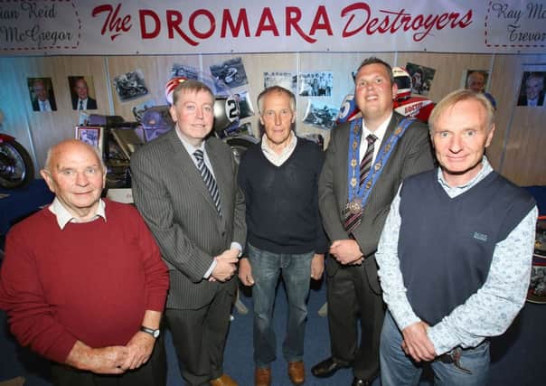 Dromara Destroyers Brian Reid, Ray McCullough and Ian McGregor with Deputy Mayor Andrew Ewing and Alderman Paul Porter INUS3213-809JC