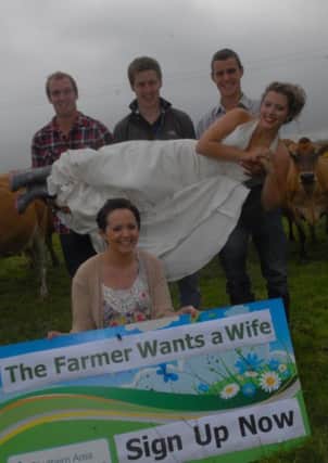Launching the Annaclone and Magherally Young Farmers Southern Area Hospice Farmer Wants A Wife fundraiser are Jenny Ledlie along with Stephen Cowan, Johnny Bell and John Porter. Keeping an eye on events is Tacey Muldoon, Southern Area Hospice Marketing officer. INUS3313-FARMER