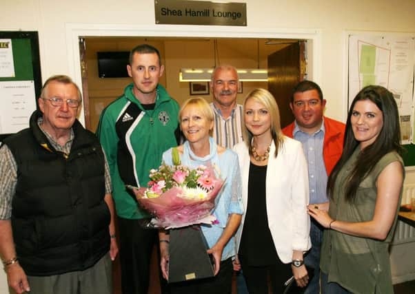 Roy Jackson (Chairman) and Domonic Dewart (committee) of Chimney Corner FC is pictured with Mary Hamill, wife of the late Shea Hamill, who opened a new room at the club dedicated to him. Included is Shea's daughters Mary Kate and Margarette, and brother Brian, and Ali McGarry (Chairman All Saints Football Club). INBT33-247AC