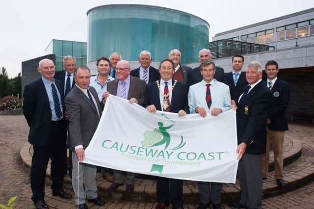 ON COURSE.Committee Members of the Causeway Coast Golf Tournament, and representatives of Coleraine Borough Council, Cllr's Barney Fitzpatrick and William King along with Mayor Clr David Harding launch the 2014 Causeway Coast Golf Tournament Thursday night.CR34-212SC.