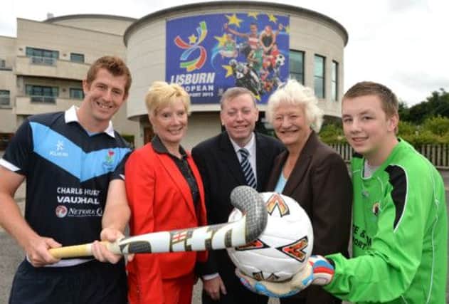 Pictured promoting events to be held in Lisburn City for the remainder of the year as part of its European City of Sport are: (l-r)  Greg Thompson, Lisnagarvey Hockey Club; Dr Janet Grey, Water-skiing World Champion and Freeman of the City of Lisburn; Alderman Paul Porter, Chairman of the Leisure Services Committee; Dame Mary Peters, Olympian and Freeman of the City and Mr Christopher Kane, Lisburn2gether Special Olympics.